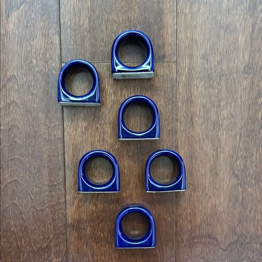 Vintage Pier 1 Imports Ceramic Cobalt Navy Blue Napkin Ring Set, 6 Piece Set
